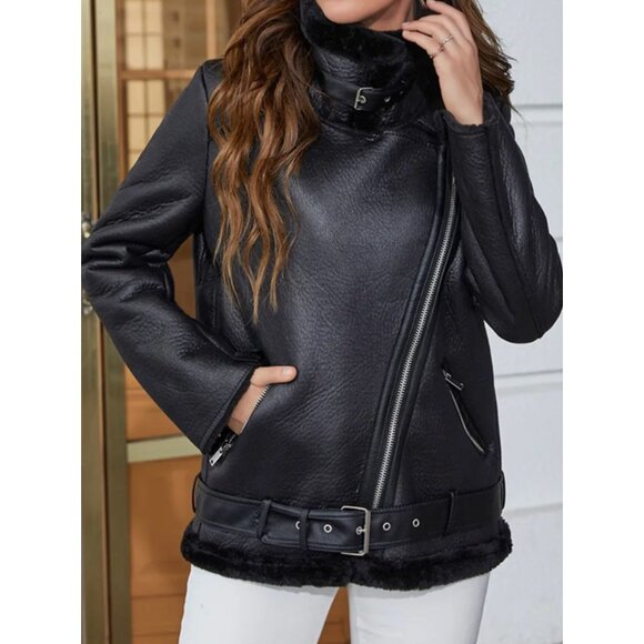 Black Faux Leather Sherpa Fur Jacket Moto Biker Zip Up Collared Winter Coat‎ - Picture 1 of 8